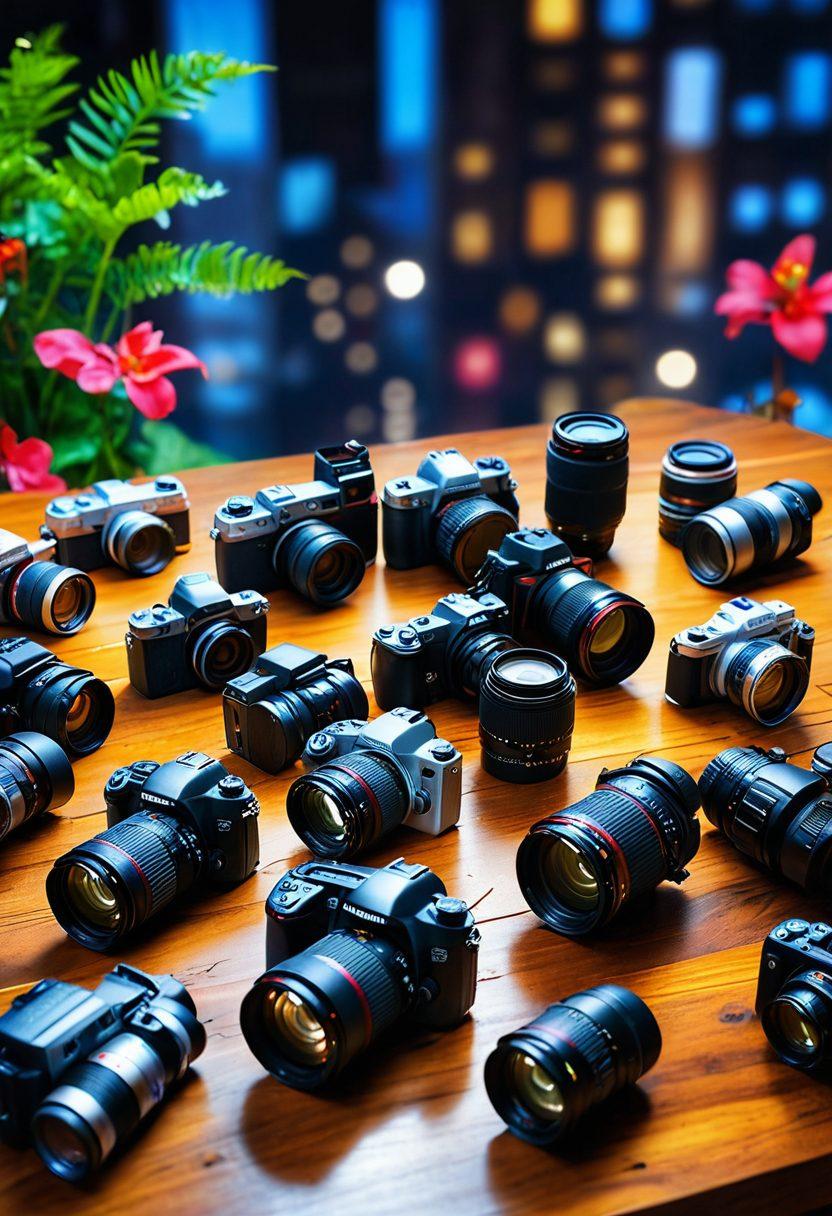 A detailed and artistic representation of various camera equipment like DSLRs, lenses, and tripods arranged artistically on a wooden table. Surrounding the cameras, showcase stunning photographs that illustrate different techniques such as bokeh, long exposure, and macro shots. Incorporate elements of nature and cityscapes in the background to highlight versatility in photography. Vivid colors and dynamic lighting should enhance the overall ambiance. super-realistic. vibrant colors. 3D.