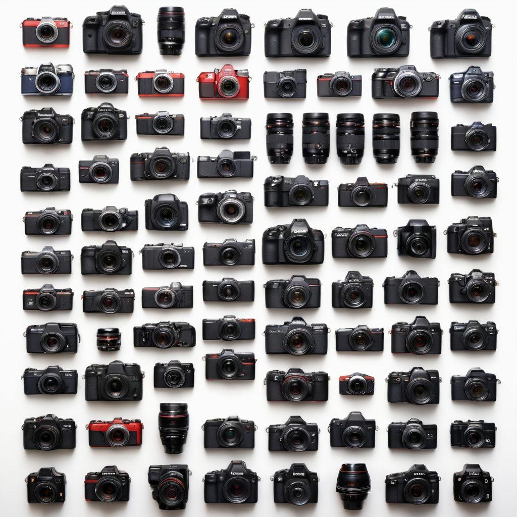 A dynamic collage showcasing a range of cameras from entry-level to professional, each distinctly labeled. The background features a photography gallery motif with artistic images captured by each camera type. Highlight key features with infographic elements, like sensor sizes and price ranges. Use a vibrant color palette to capture attention and emphasize the diversity in photography styles. super-realistic. vibrant colors. white background.