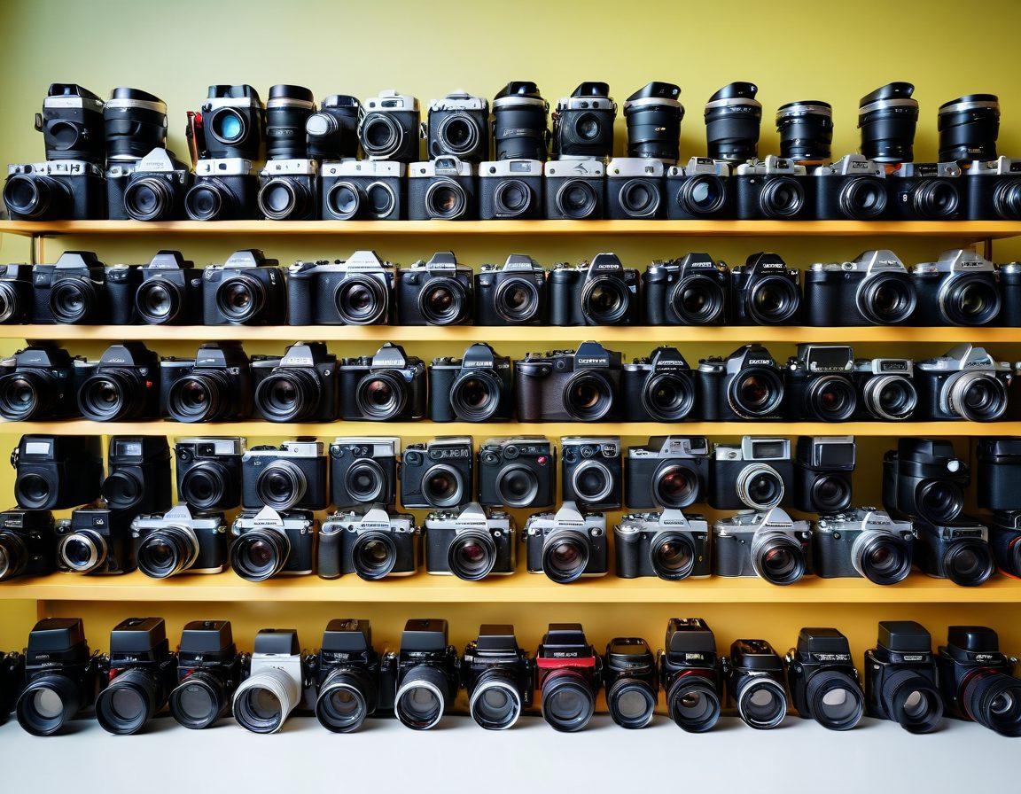 A captivating scene showcasing a diverse range of cameras, from vintage to modern DSLRs and mirrorless models, surrounded by photography accessories like tripods, lenses, and filters. Include a colorful backdrop of stunning nature and urban landscapes, representing various photography styles. A soft, glowing light illuminating the cameras, symbolizing potential and creativity. vibrant colors. super-realistic.